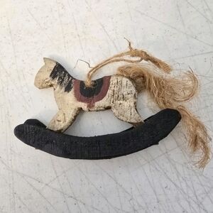 Vintage Painted Wooden Rocking Horse  Folk Art Christmas Ornament Rustic